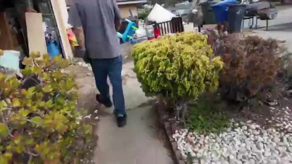 Crew member carrying household items along a front walkway past shrubs, with a part-cleared porch behind